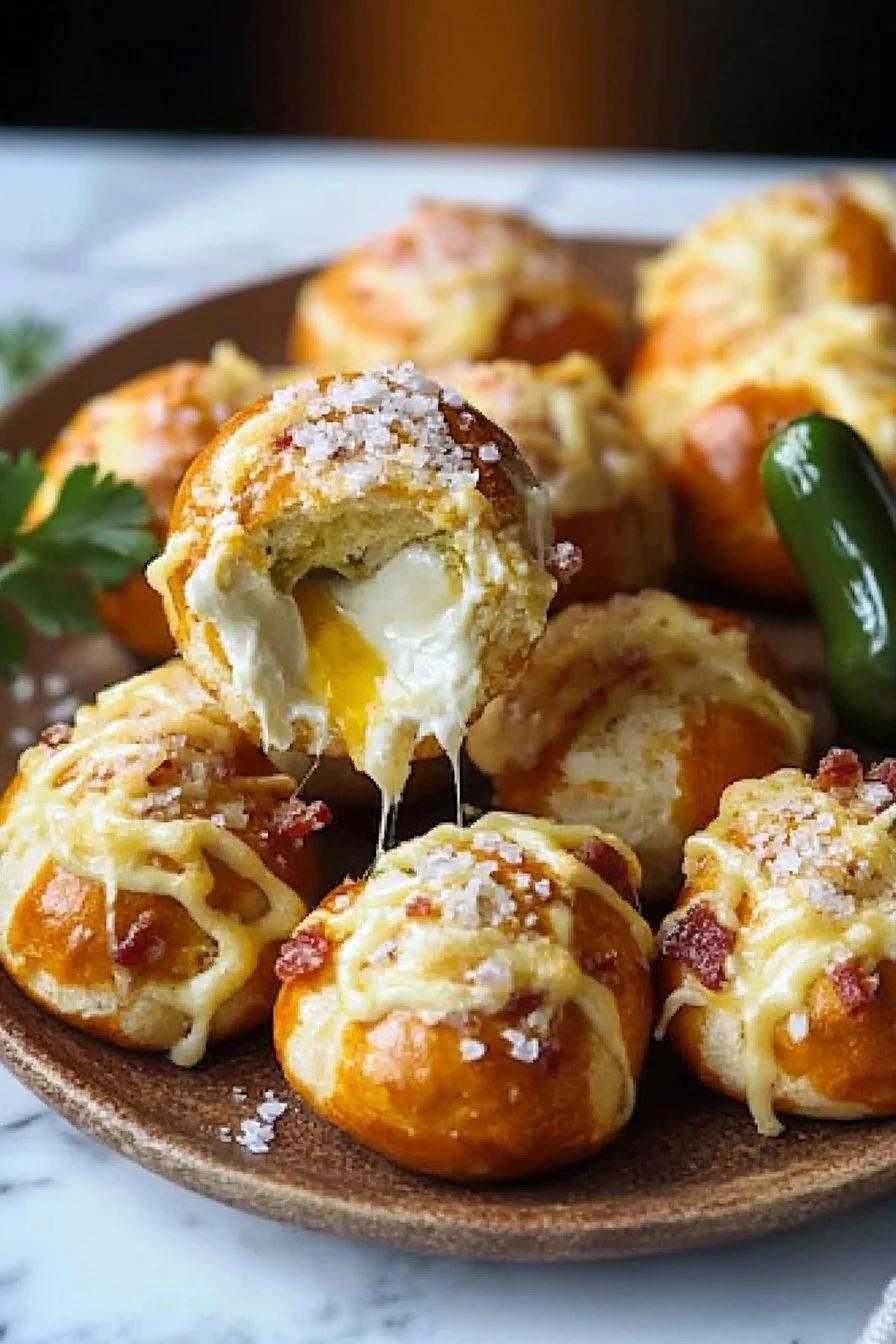 Jalapeno Popper Cheesy Pretzel Bombs served with dipping sauce