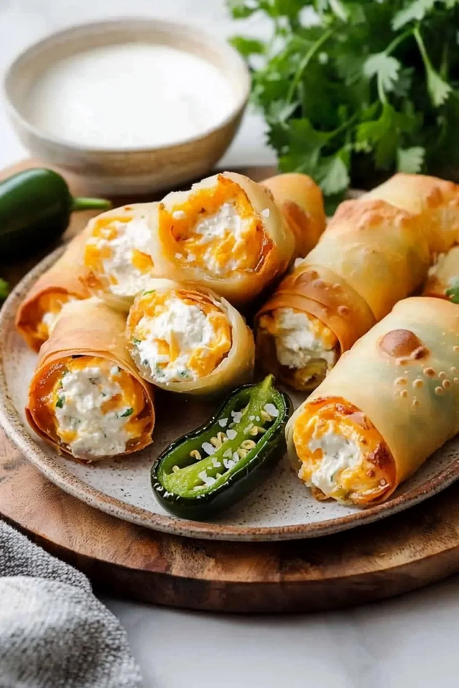 Plate of jalapeno popper rolls, a tasty appetizer with spicy peppers and cream cheese filling.