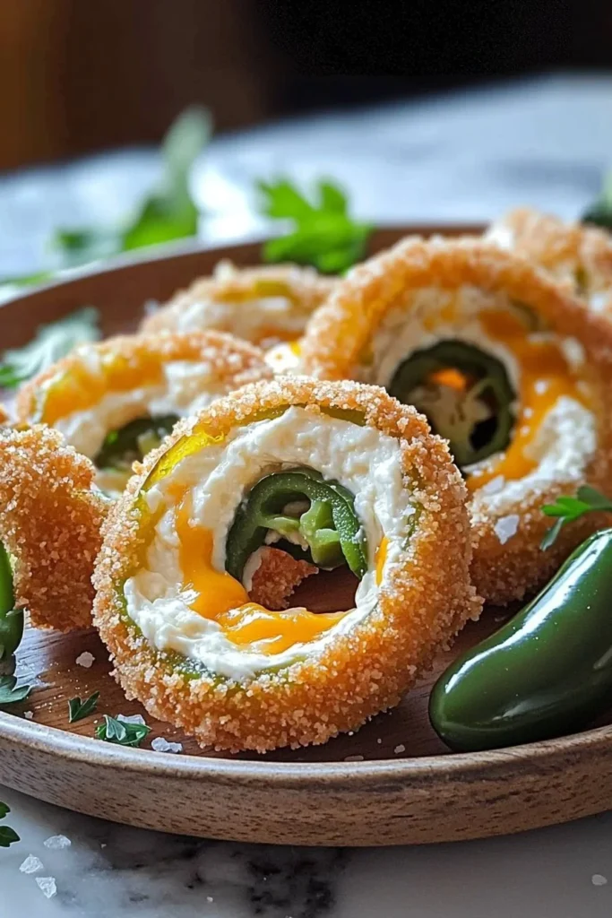 Jalapeño popper stuffed onion rings, crispy and cheesy appetizer on a plate