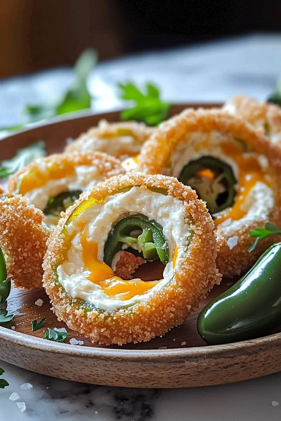 Jalapeño popper stuffed onion rings, crispy and cheesy appetizer on a plate