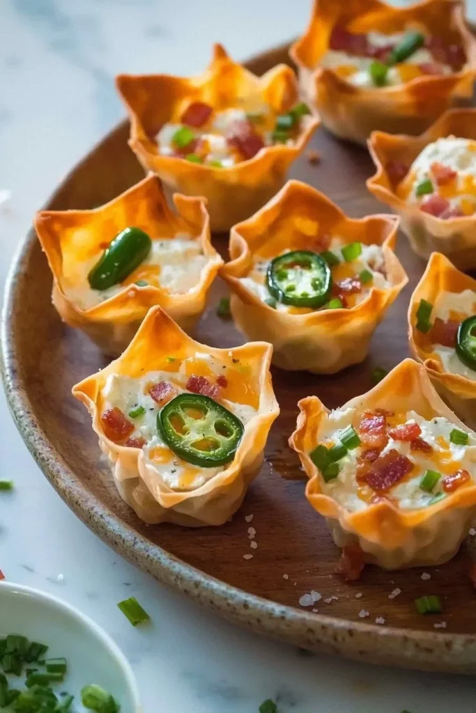 Jalapeño Popper Wonton Cups topped with cream cheese and jalapeños