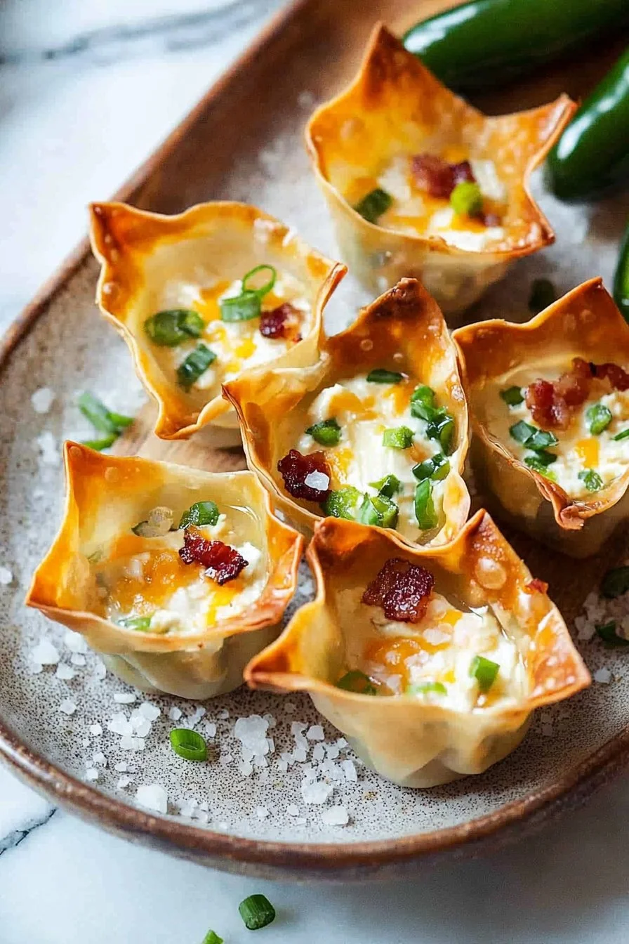 Jalapeno Popper Wonton Cups topped with creamy cheese and jalapeno slices.