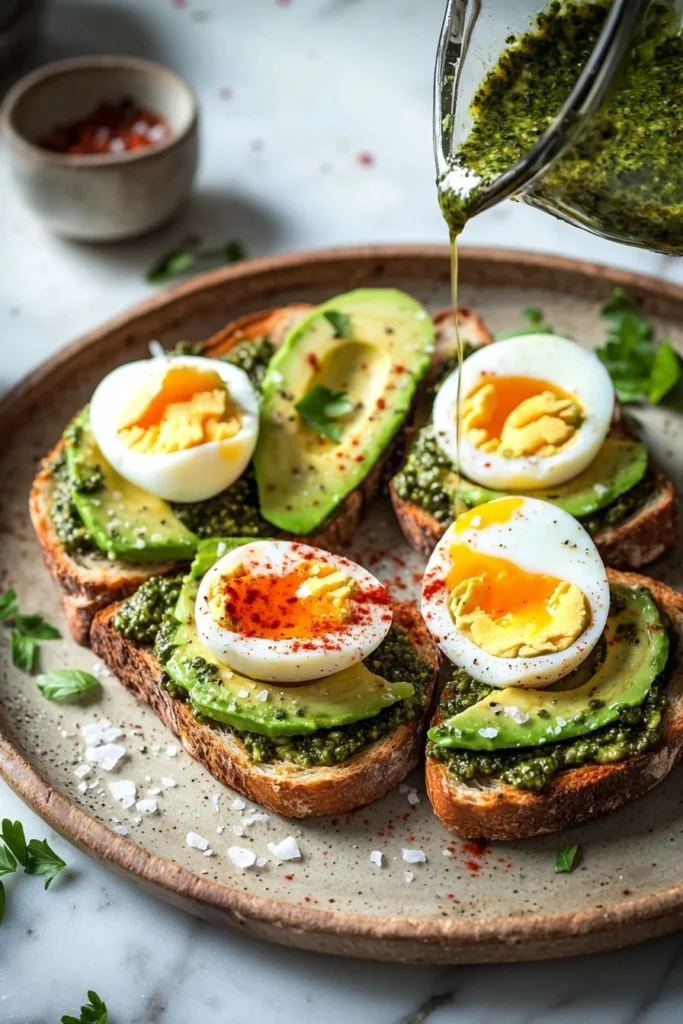 Jammy Egg Avocado and Pesto Toast topped with fresh ingredients