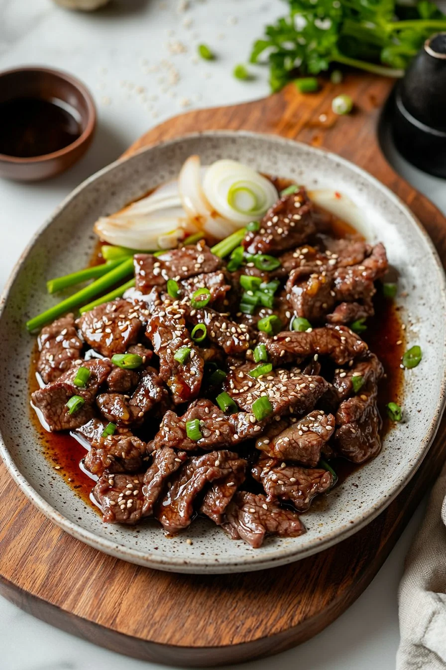 Delicious Korean Beef Bulgogi served on a plate with vegetables