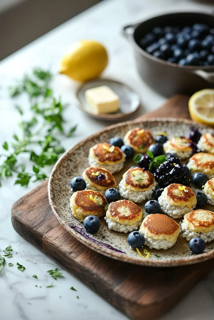 Lemon blueberry cottage cheese pancake bites served on a plate
