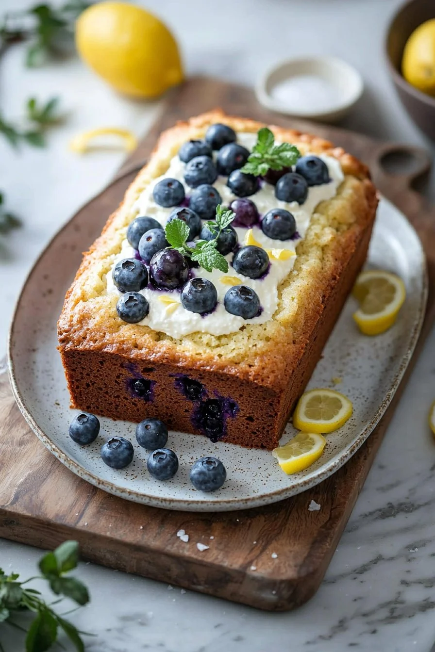 Delicious Lemon Blueberry Loaf Cake with fresh blueberries and lemon zest