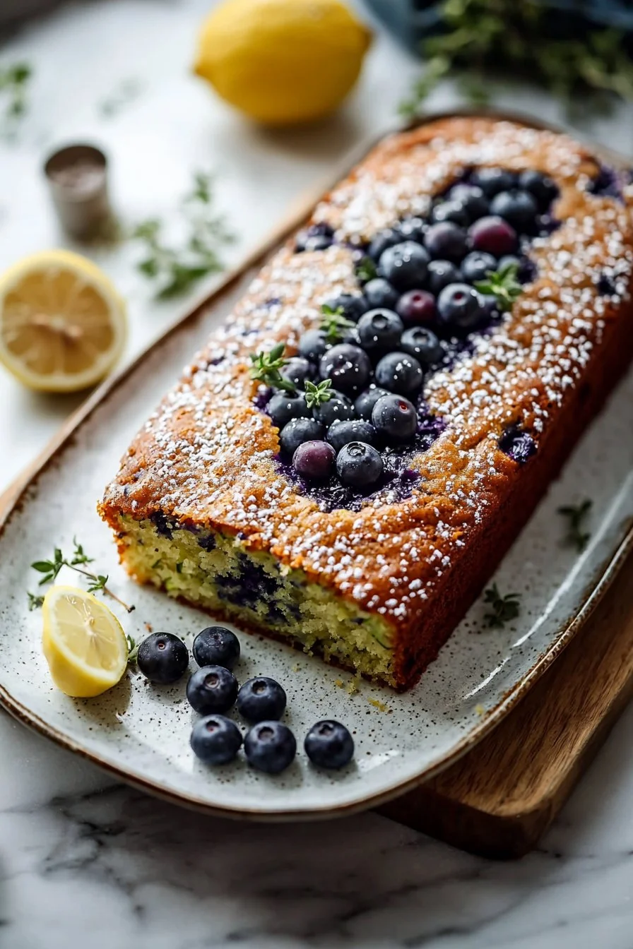 Delicious lemon blueberry zucchini cake with fresh blueberries and lemon zest.