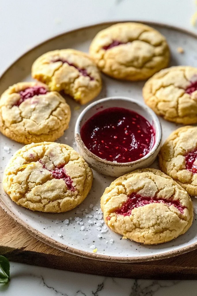 Lemon cookies topped with raspberry curd, a delicious dessert treat.