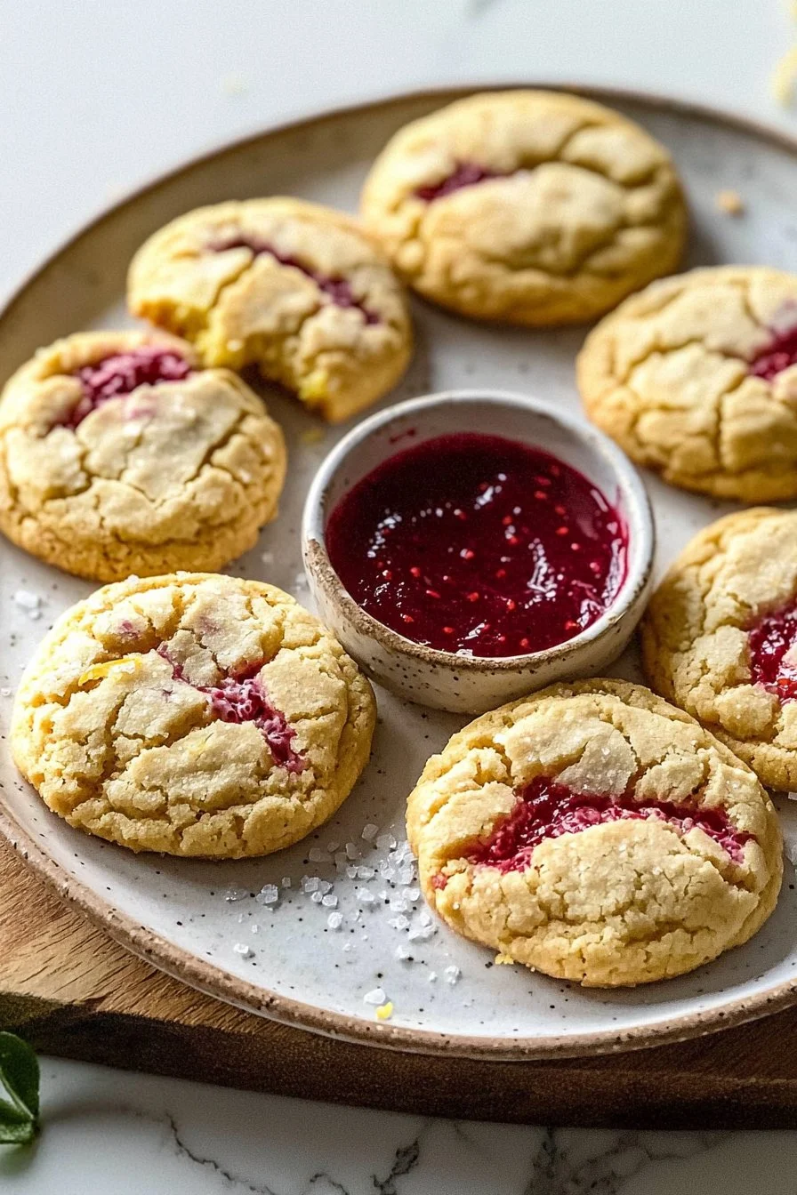 Lemon cookies topped with raspberry curd, a delicious dessert treat.