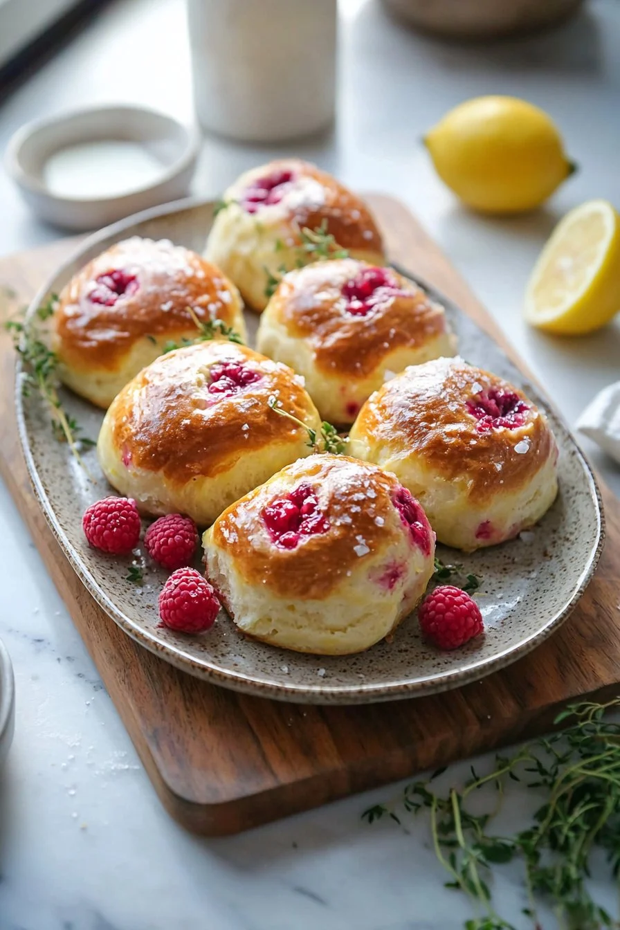 Freshly baked lemon raspberry brioche buns on a rustic wooden table.