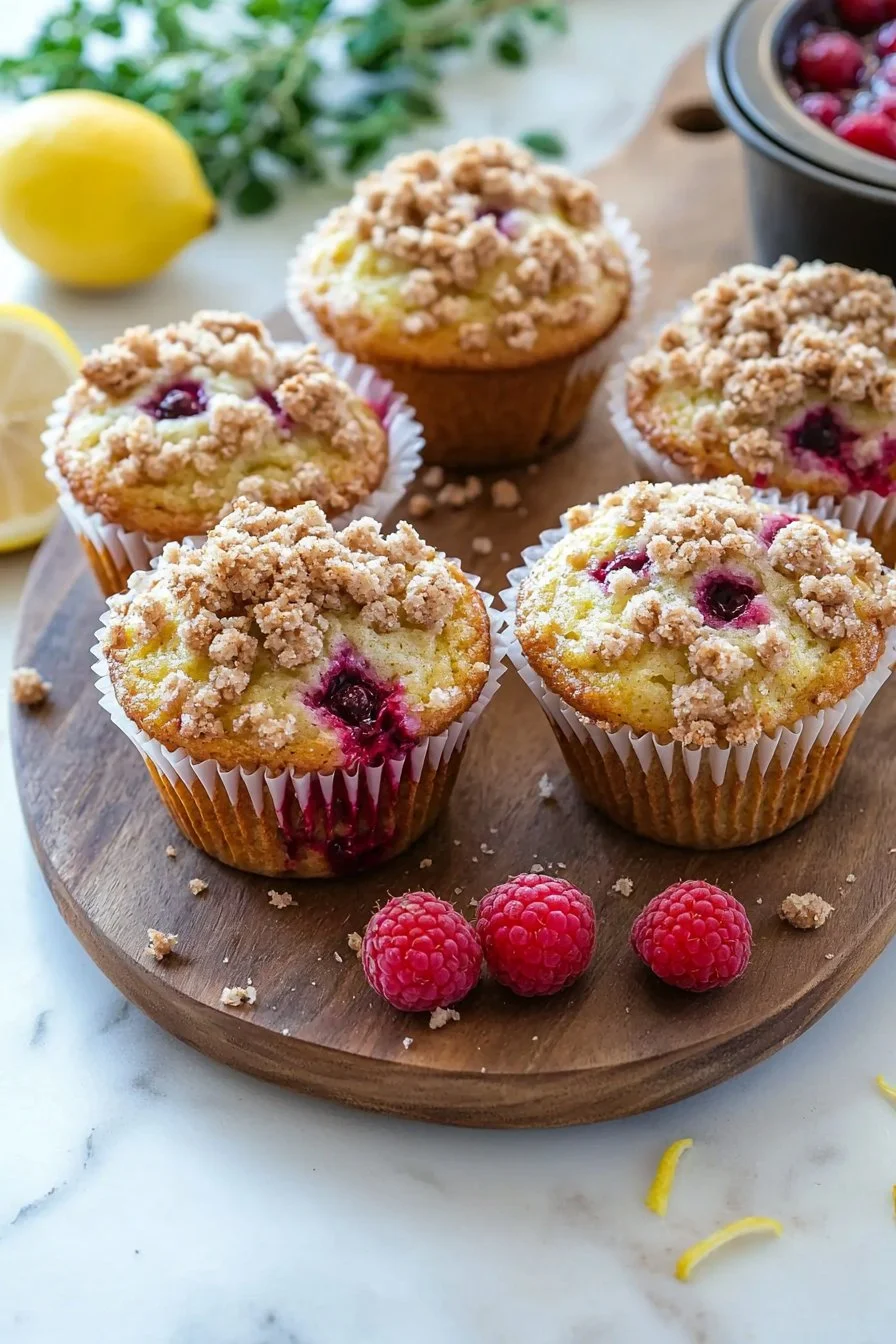 Freshly baked Lemon Raspberry Streusel Muffins on a cooling rack