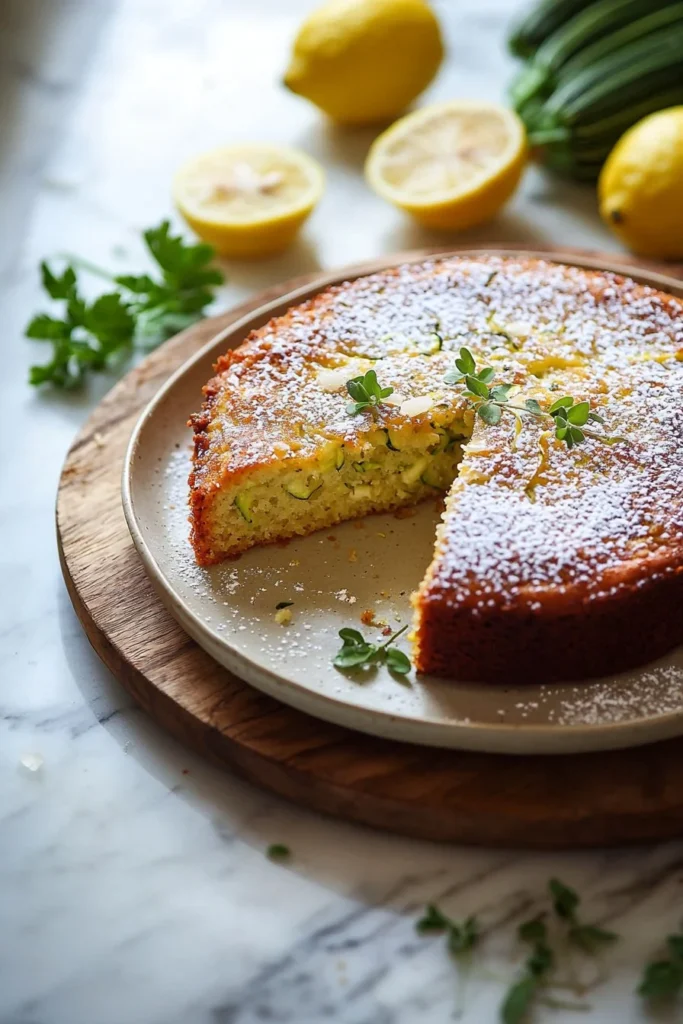 Delicious slice of Lemon Zucchini Cake on a decorative plate