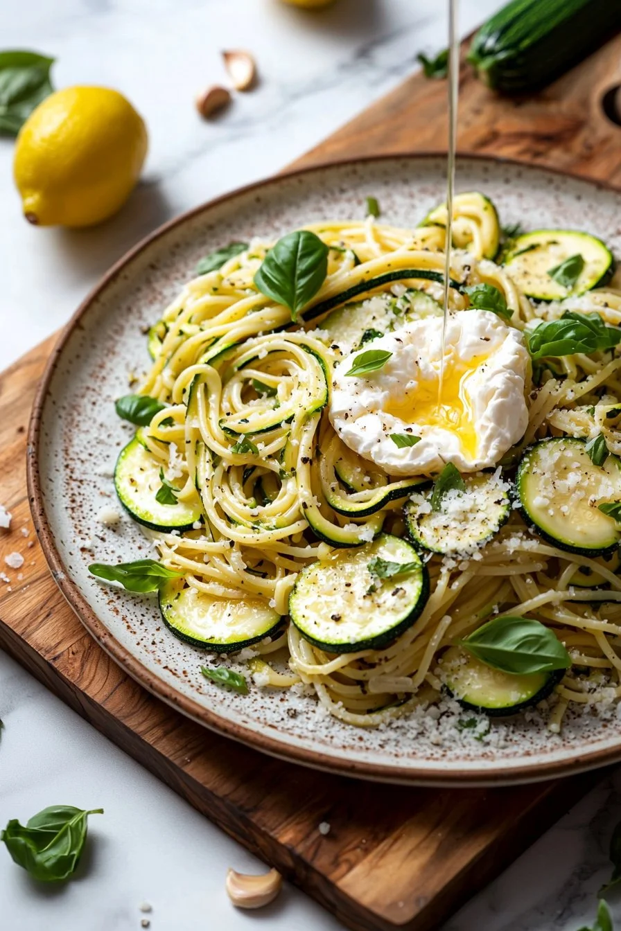 Delicious Lemon Zucchini Pasta topped with creamy Burrata cheese