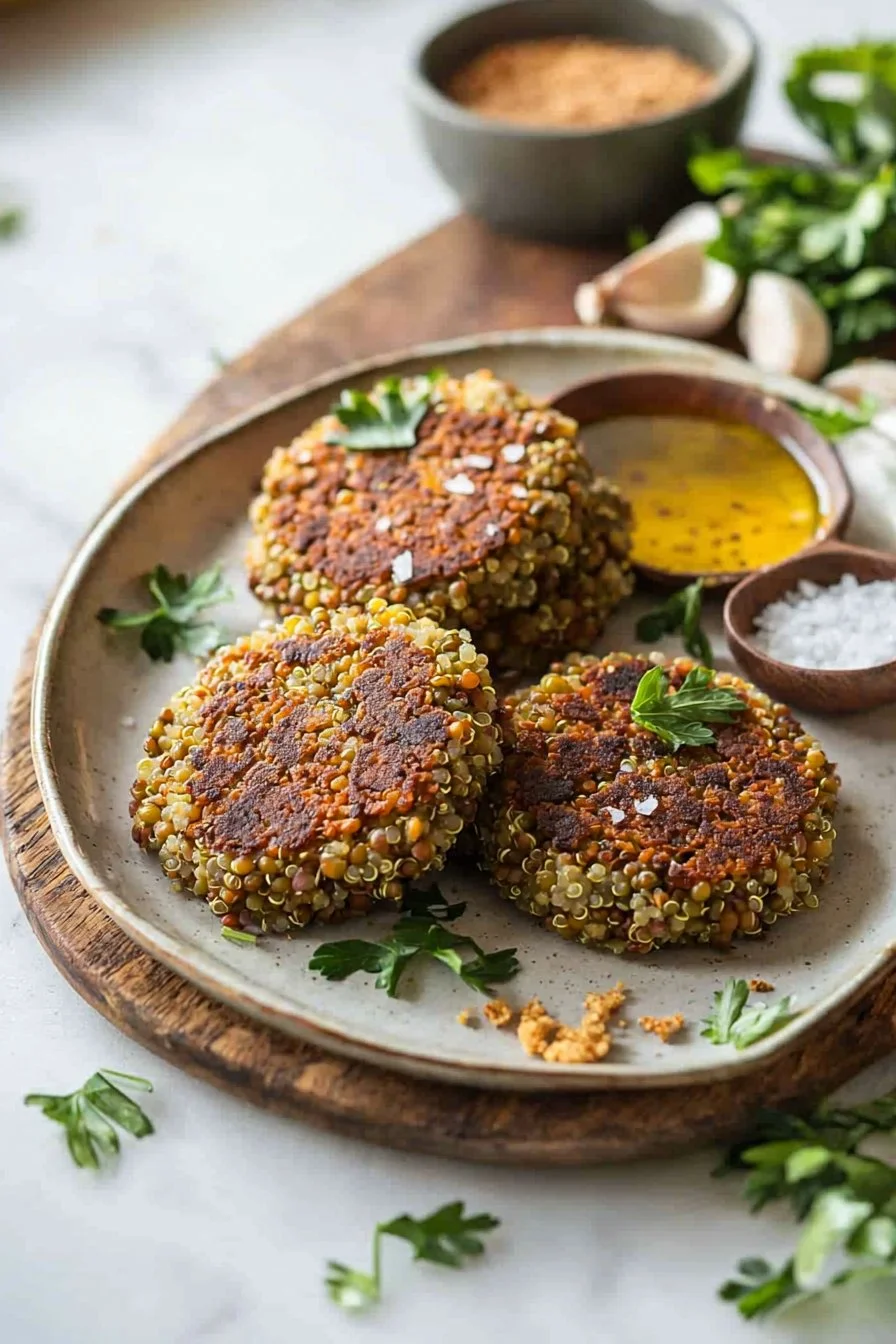 Healthy lentil quinoa patties served with a side of greens