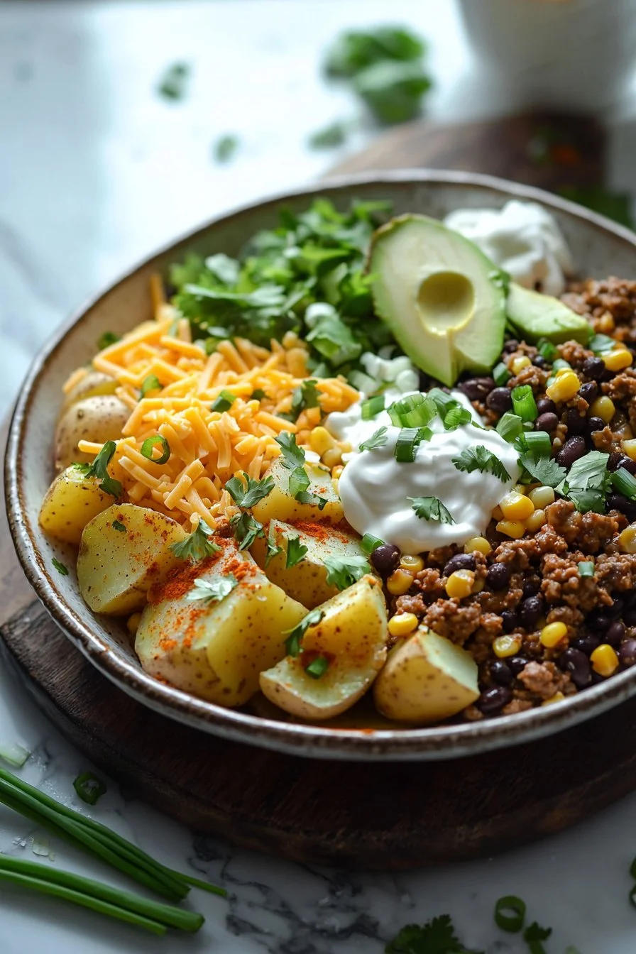 Delicious Loaded Potato Taco Bowl with crispy potatoes and fresh toppings