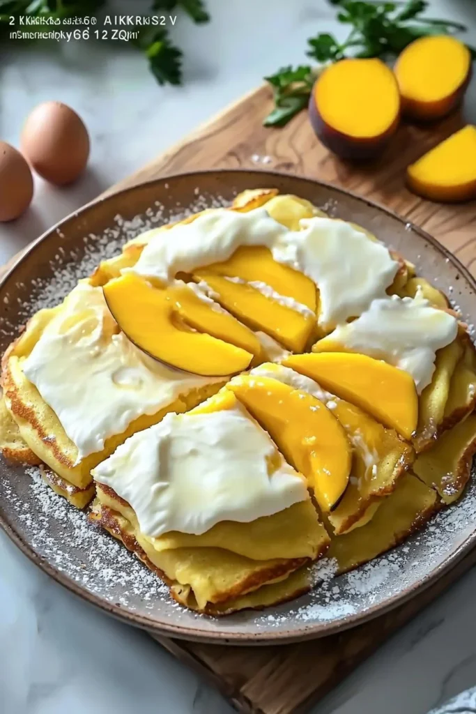 Delicious Mango Crepe Cake with layers of crepes and fresh mango topping