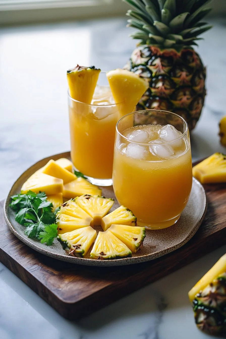 A vibrant glass of Mango Pineapple Punch garnished with tropical fruits.