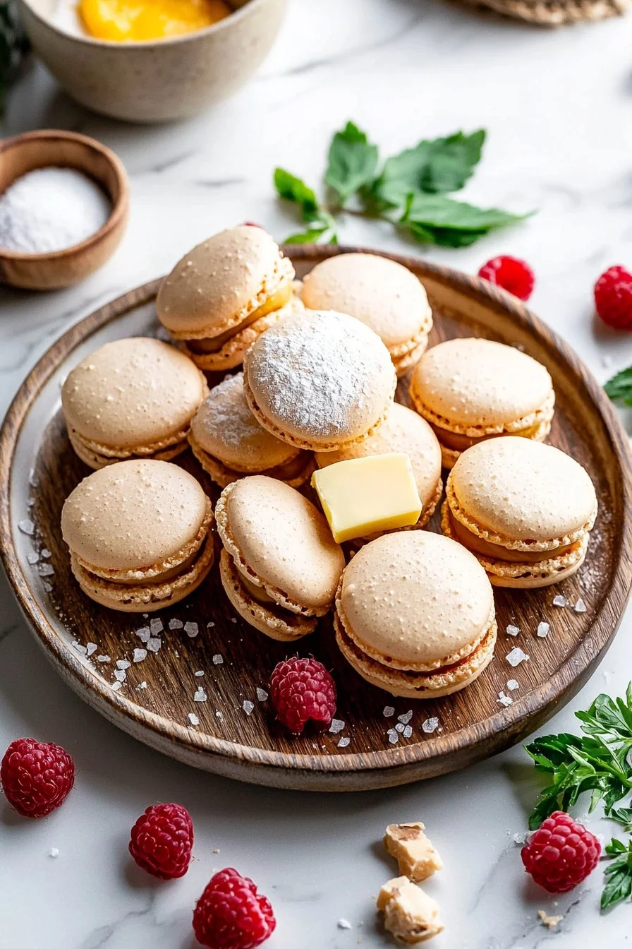 Colorful Mango Raspberry Macarons on a plate, showcasing tropical flavors