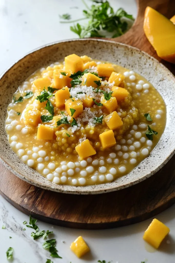 Delicious Mango Sago Pudding topped with fresh mango chunks and sago pearls.