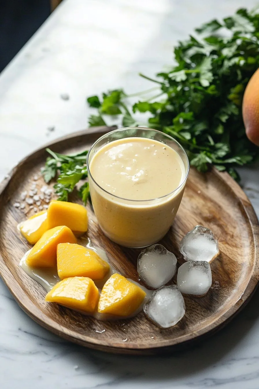 Delicious mango smoothie in a glass with fresh mango slices on top.