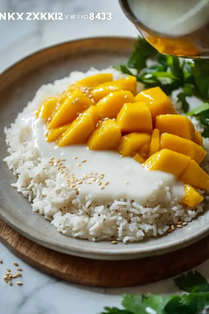 A delicious serving of Mango Sticky Rice topped with ripe mango slices and coconut sauce.