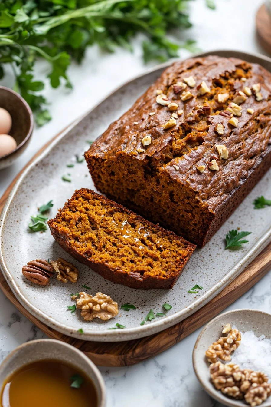 Slice of delicious Maple Pumpkin Bread with warm spices and maple glaze.