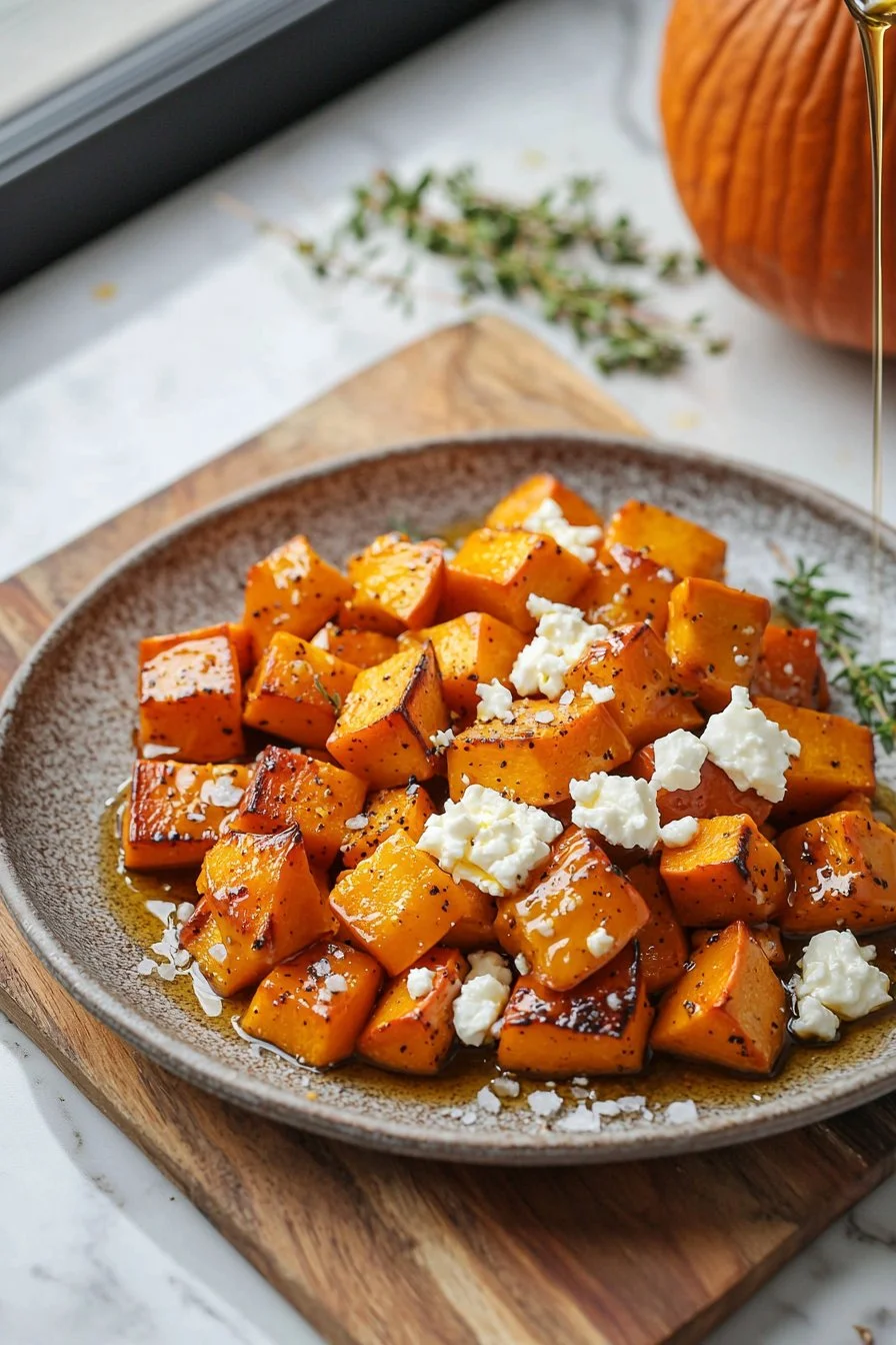 Delicious Maple Roasted Pumpkin topped with Feta cheese, an autumn dish