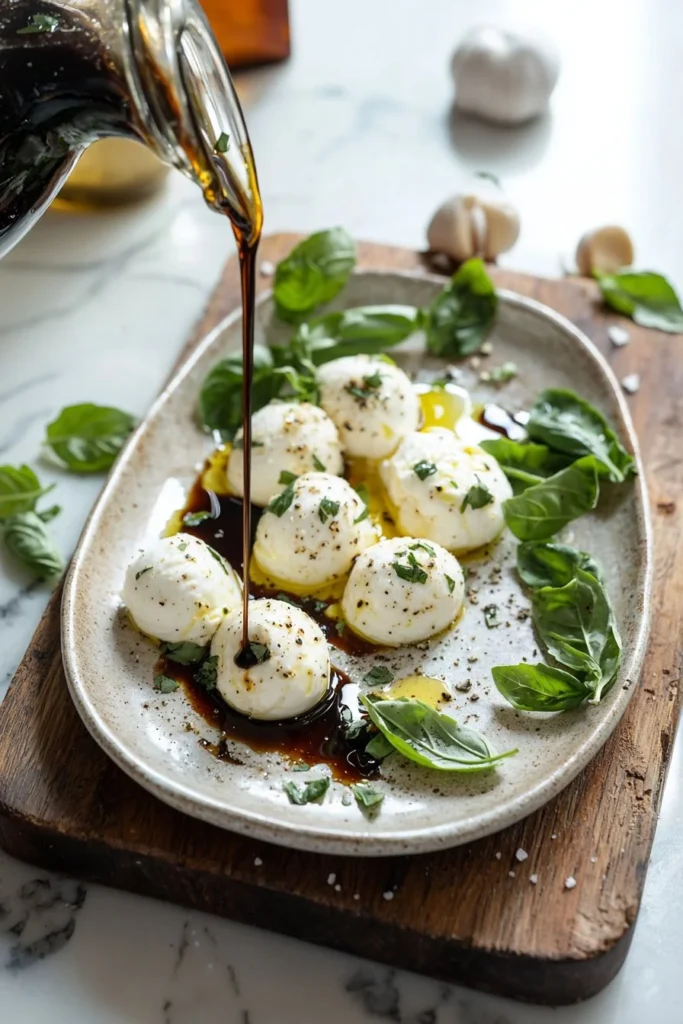 Delicious marinated mozzarella and burrata on a wooden board with herbs.