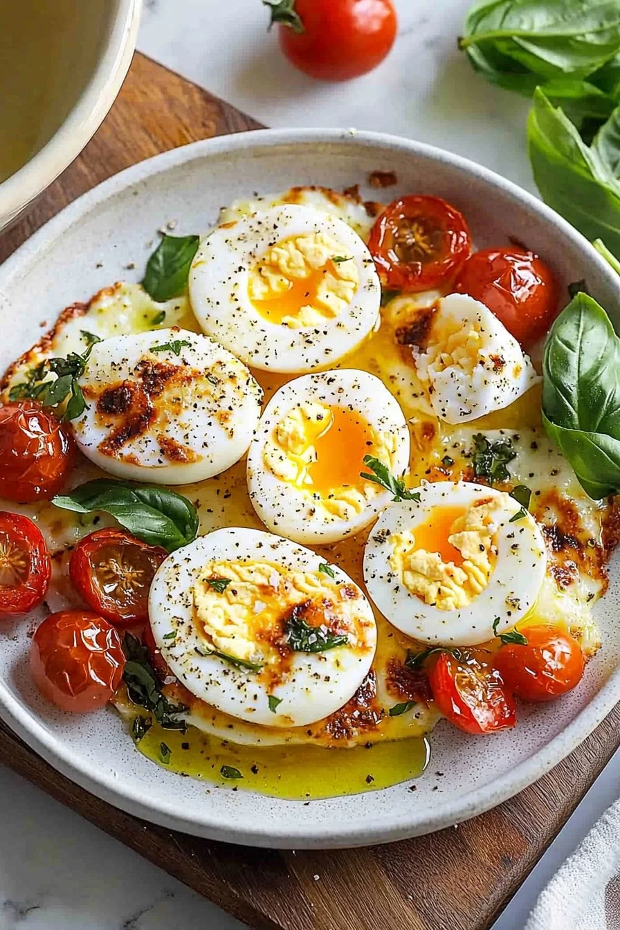 Mediterranean baked feta eggs topped with olives and tomatoes