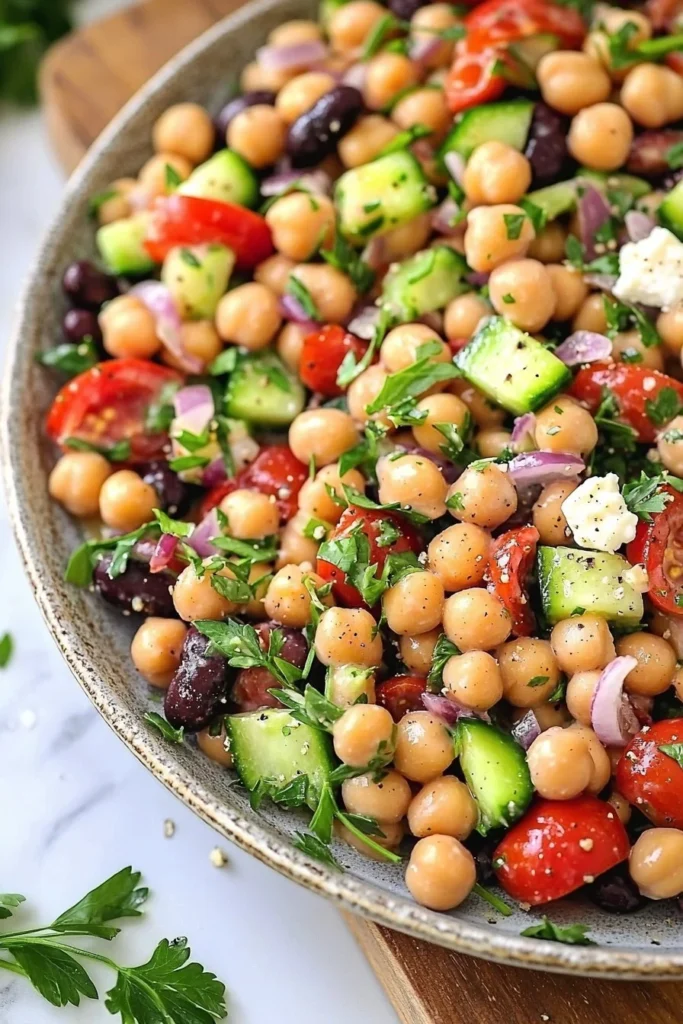 A colorful Mediterranean bean salad with mixed beans, tomatoes, and herbs.