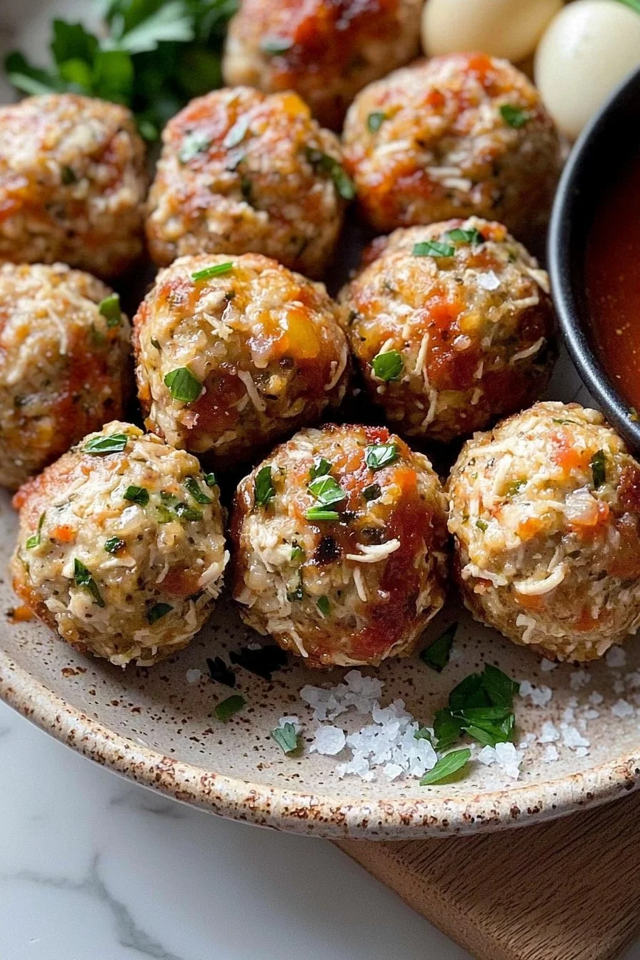Plate of flavorful Mediterranean Chicken Meatballs garnished with herbs