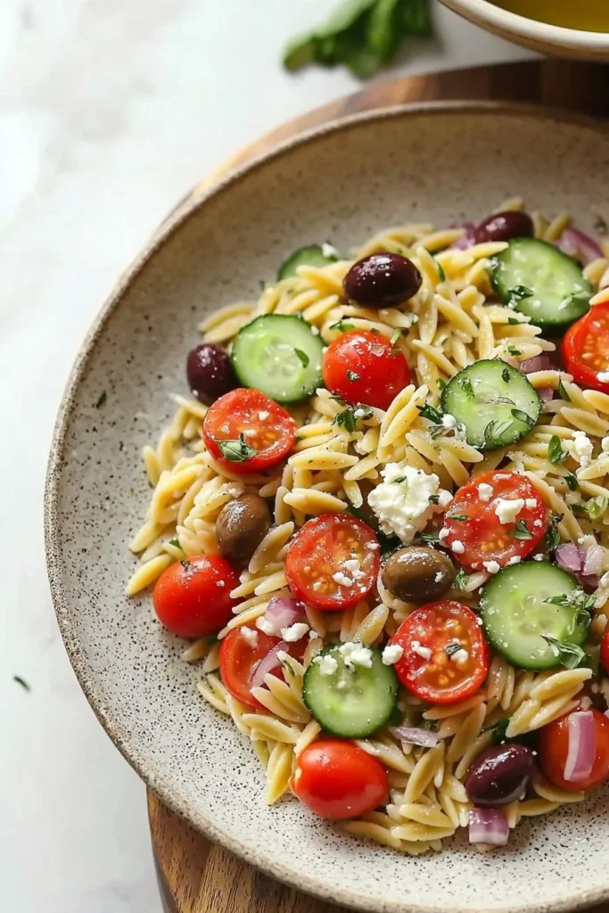 Mediterranean Greek Orzo Pasta Salad with fresh vegetables and dressing