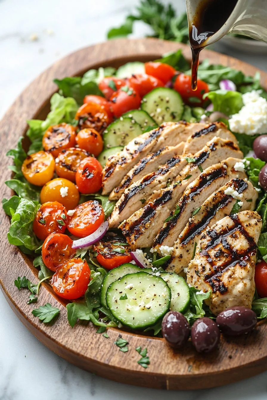 Mediterranean Grilled Chicken Salad with fresh vegetables and flavorful dressing