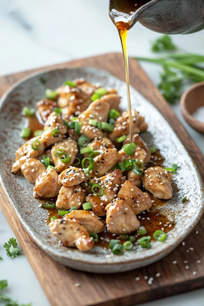 Plate of Mediterranean Honey Sesame Chicken garnished with sesame seeds and herbs
