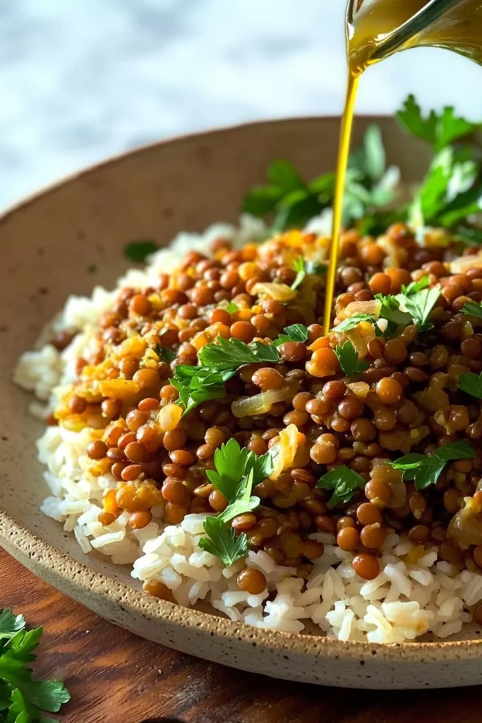 Bowl of Mediterranean lentils and rice garnished with herbs and vegetables