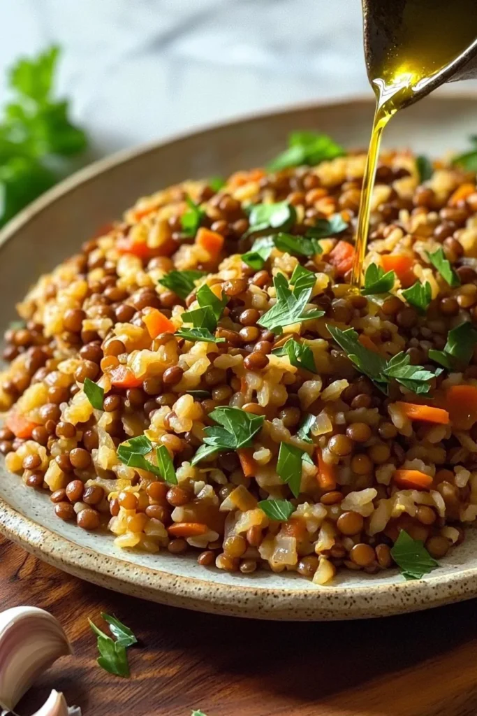 Bowl of Mediterranean lentils and rice, garnished with herbs and spices.
