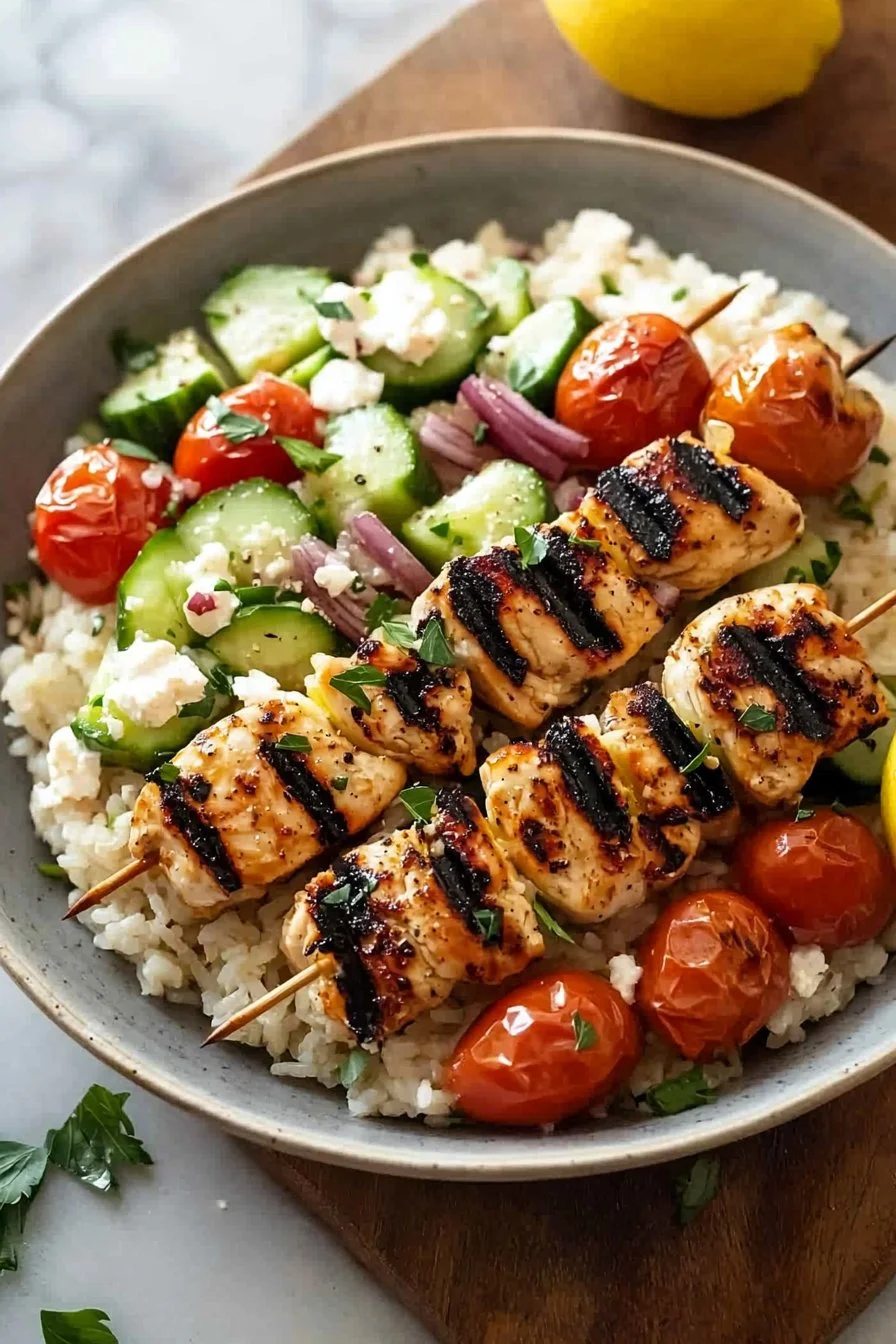 Mediterranean Rice Bowl with Grilled Chicken Tawook Skewers