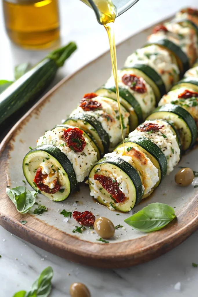 Plate of Mediterranean zucchini rolls filled with savory ingredients