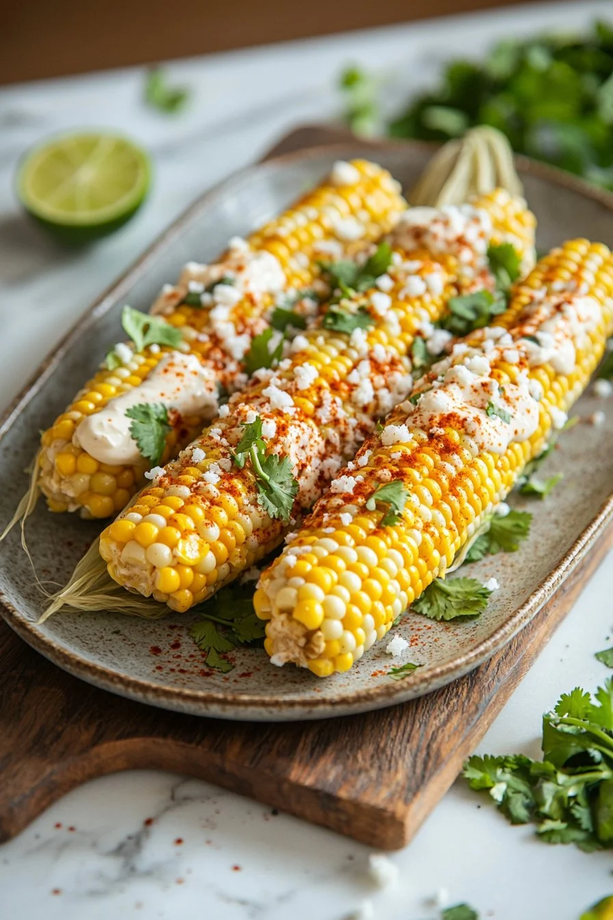 Delicious Mexican Street Corn on the Cob topped with cheese and spices