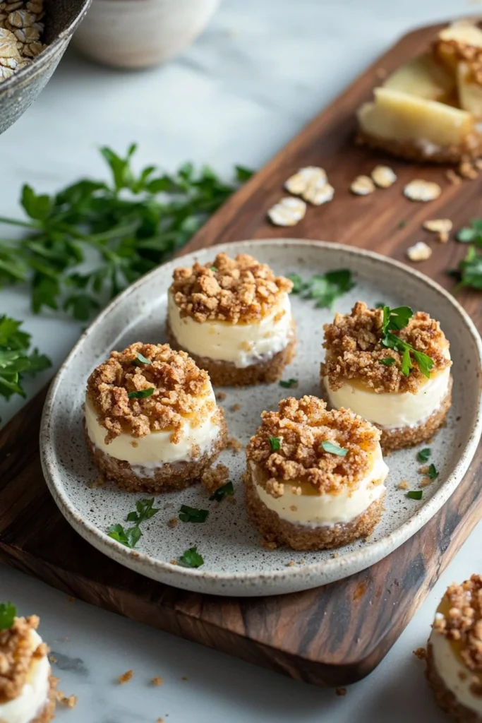 Mini apple crisp cheesecakes topped with crispy apple topping.
