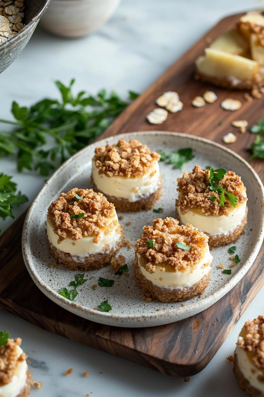 Mini apple crisp cheesecakes topped with crispy apple topping.