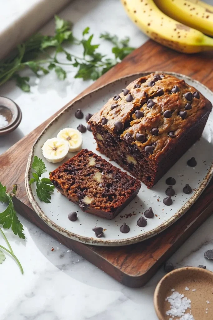 Mini chocolate chip banana bread fresh out of the oven, sliced for serving.