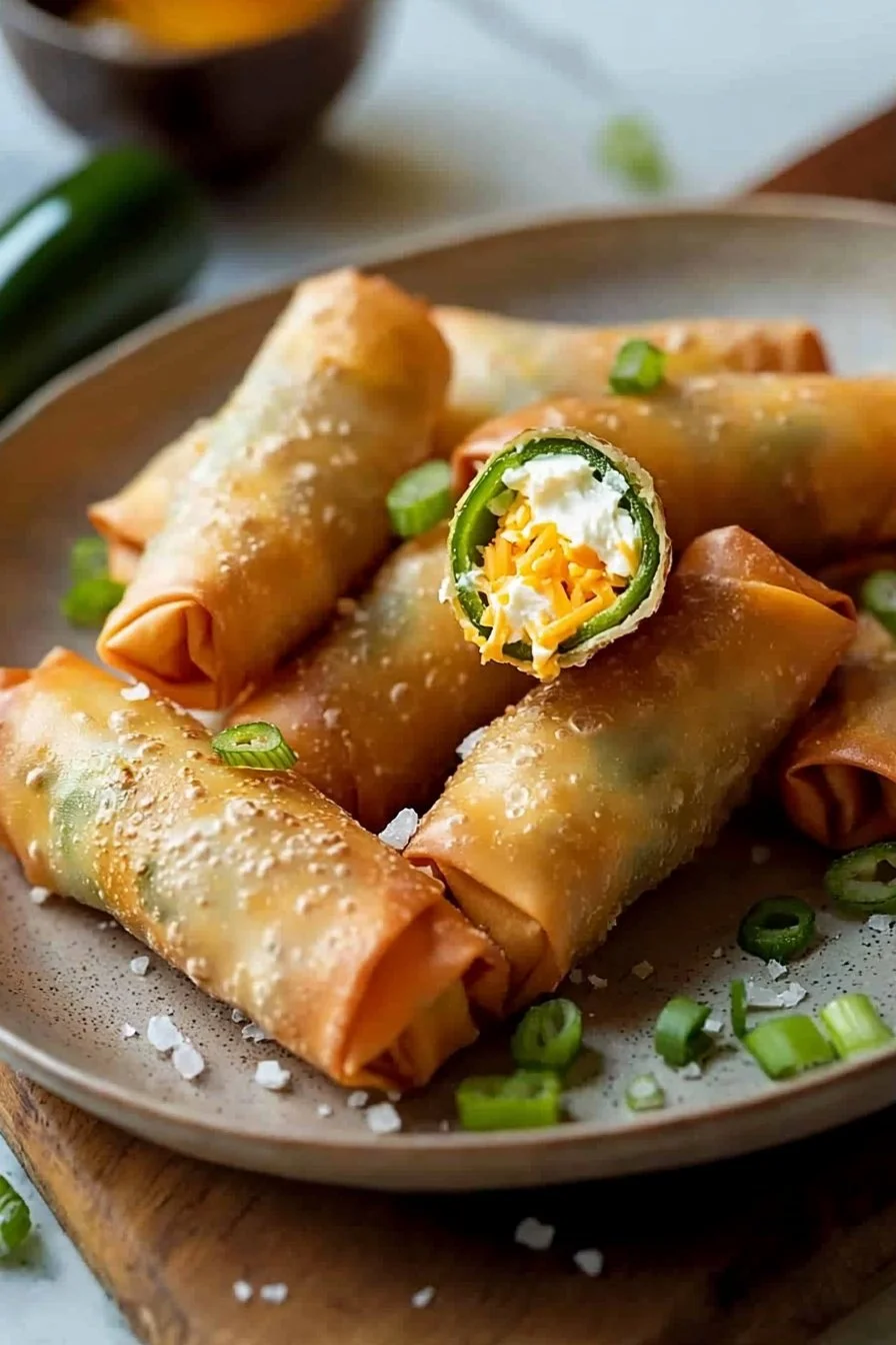 Mini jalapeno popper egg rolls served on a plate, showcasing crispy texture and cheesy filling.