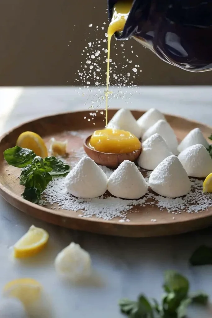 Delicious mini meringues topped with fresh lemon curd for a delightful dessert.