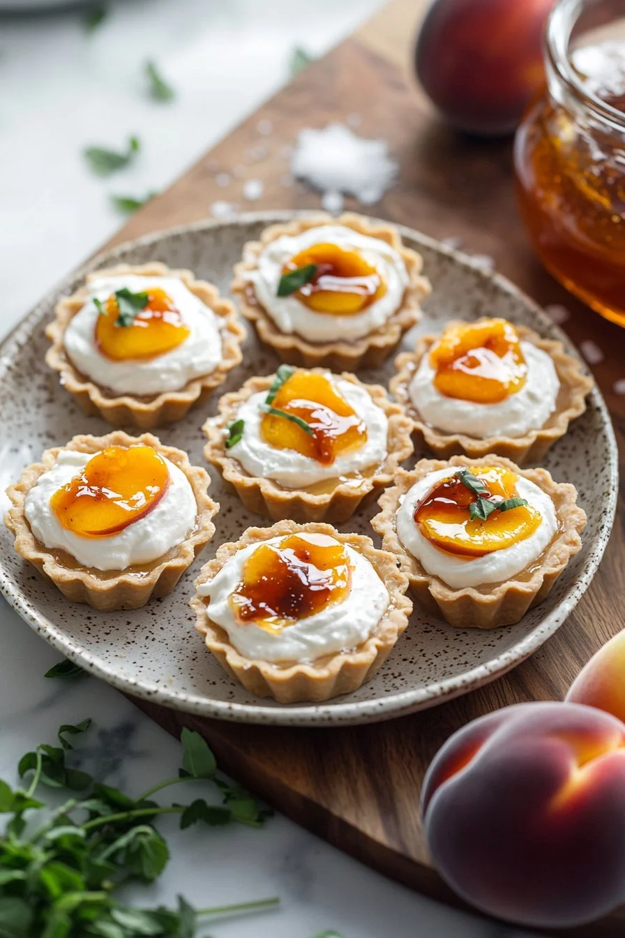 Mini Peach Cream Cheese Tarts on a plate garnished with fresh peach slices
