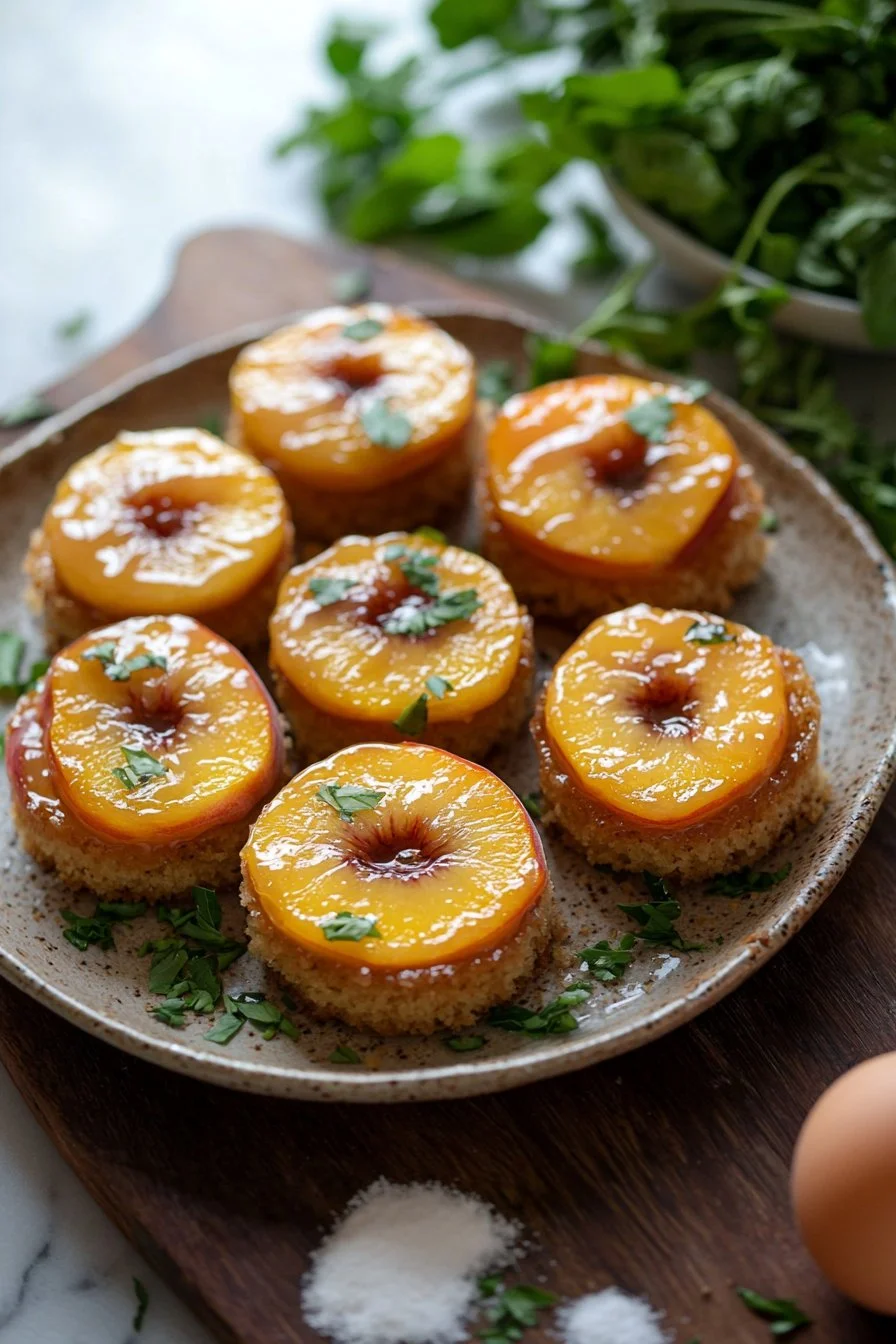 Delicious mini peach upside-down cakes with caramelized peaches on top
