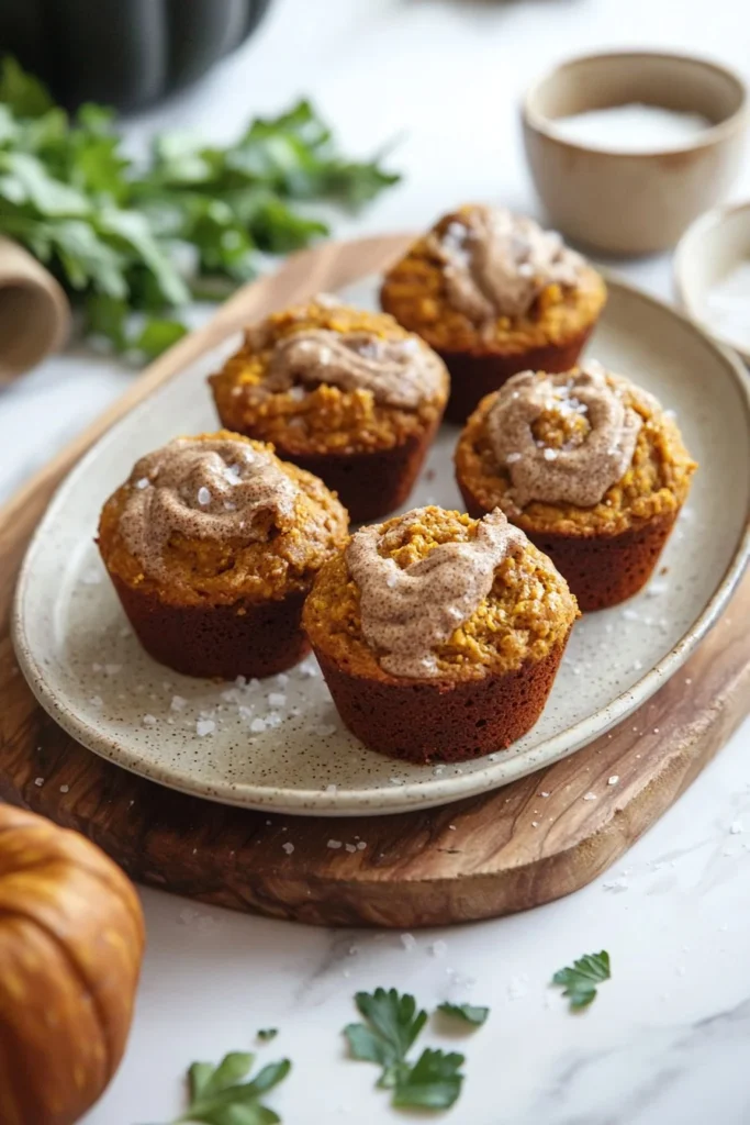 Mini pumpkin bread with cinnamon swirl topping on a wooden table