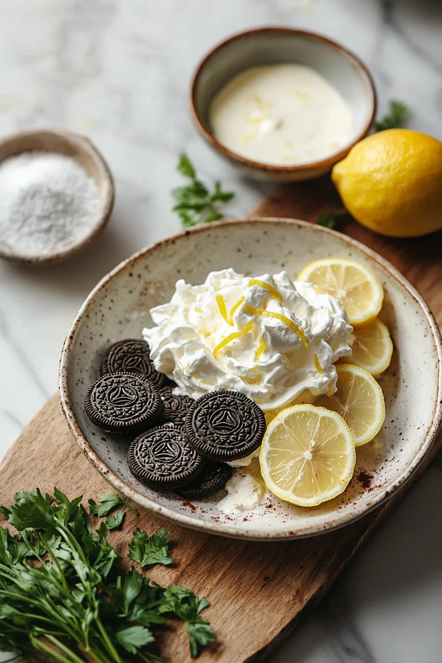 No-Bake Lemon Oreo Dessert with lemon slices and crushed Oreos on top