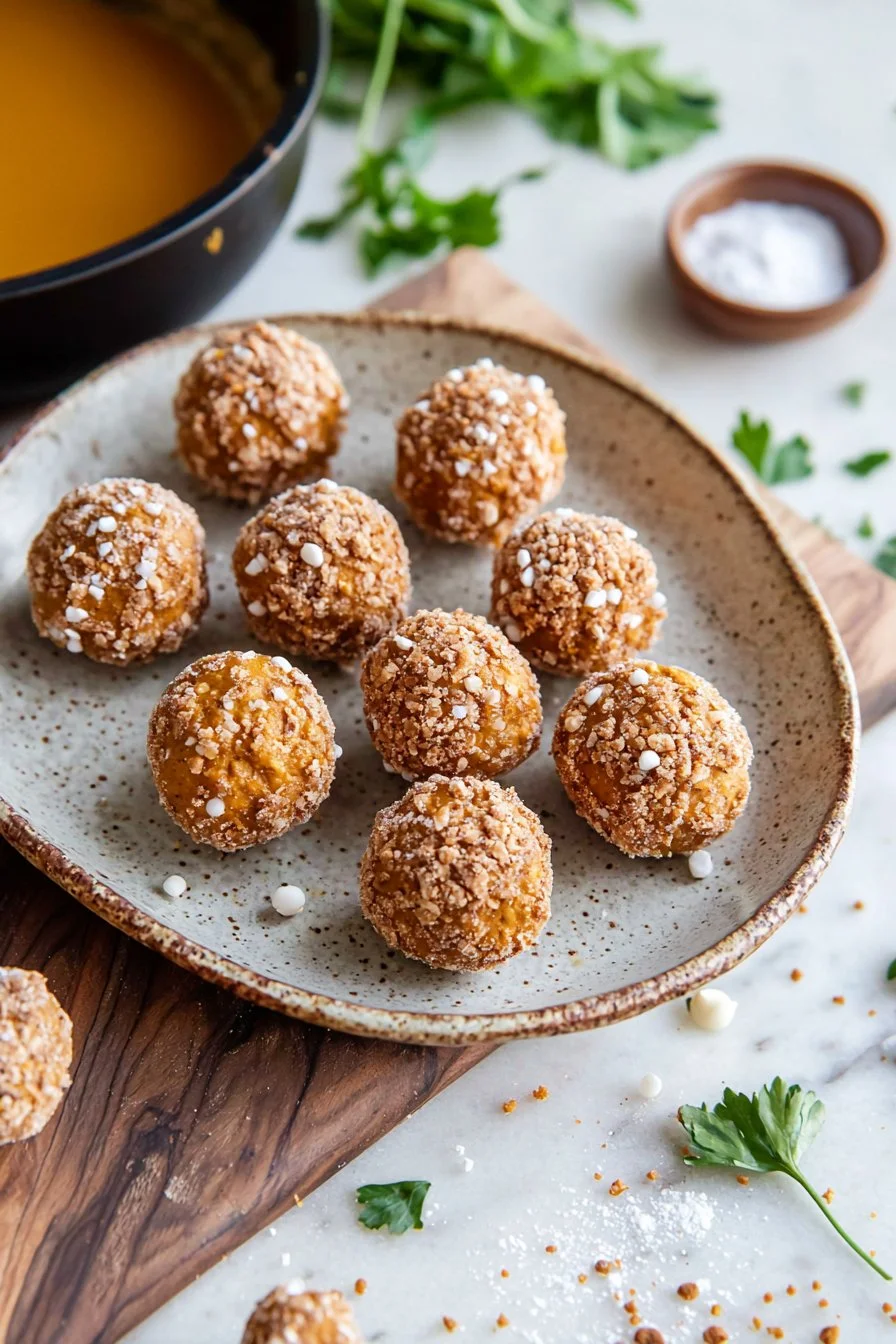 Delicious no-bake pumpkin pie truffles arranged on a serving platter.