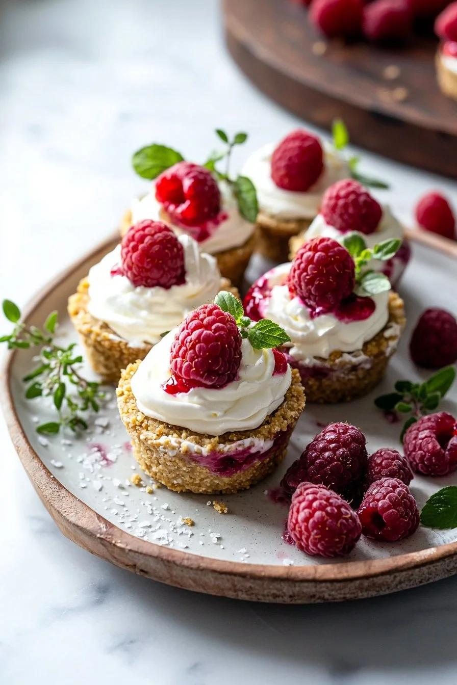 No-Bake Raspberry Cheesecake Cups with fresh raspberries and whipped cream